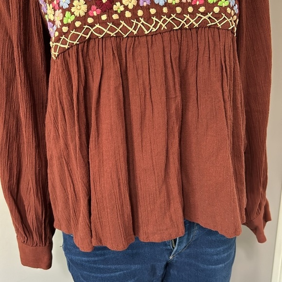 Antik Batik Top Line Embroidered Blouse Brown Hand Stitched Anthro Sz XS NEW - Picture 7 of 16